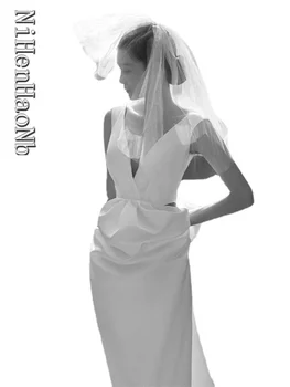 Атласное Свадебное платье 2023 Элегантное Винтажное Свадебное платье Без рукавов с V-образным вырезом Vestido De Noiva