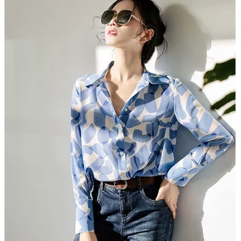 2023 Новая летняя высококачественная профессиональная Свободная шифоновая рубашка, Женская синяя рубашка с длинными рукавами, Женская осенне-весенняя