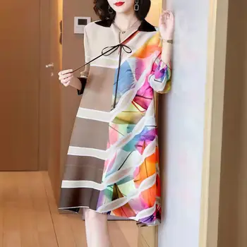 Плиссированное платье 2023, летнее новое модное женское яркое контрастное поло со свободным воротником, платья для официальных мероприятий