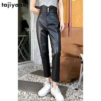 Брюки с высокой талией Tajiyane, женские брюки из натуральной кожи 2023, Корейские модные черные брюки, Брюки из овчины, женские брюки-карандаш