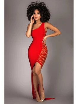 2023 Летнее Женское Сексуальное Сетчатое Платье с одним Плечом, Красное Макси, Длинное Облегающее Платье Banadage, Модное Вечернее Платье Знаменитостей, Vestido
