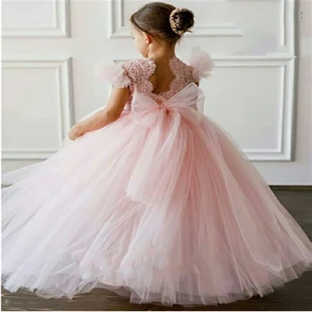 Розовые Платья с цветочным узором Для девочек, Пышная Кружевная Аппликация, Платья для Маленькой Принцессы на Свадьбу, День Рождения Ребенка, Платья для Причастия, Размер От 2 до 14 лет
