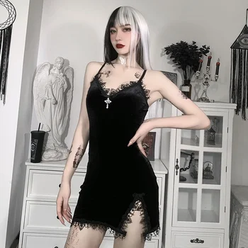 Винтажное Сексуальное итальянское Платье с ремешком в виде лапши, облегающее платье с высокой талией, Готическое клубное женское платье для вечеринок, Сексуальное мини-платье с темно-черным крестом