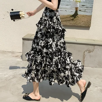 Новая винтажная черная юбка с цветочным Рисунком Женская весна Лето С высокой талией и эластичными оборками, с разрезом, Длинные Юбки