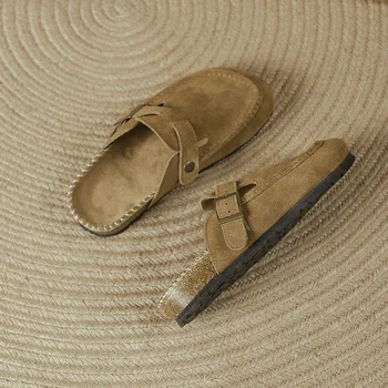 Женские сандалии Baotou 2023, Пара тапочек, замшевые сандалии в стиле ретро, однотонная женская обувь с пряжкой на ремне, Легкие удобные тапочки
