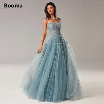 Booma Пыльно-голубые тюлевые платья Макси для выпускного вечера с бантиками на бретельках, Свадебные платья трапециевидной формы длиной до пола, вечерние платья с открытой спиной