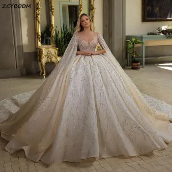 2023 Изысканное Бальное платье с V-образным вырезом, Свадебные платья С накидкой Принцессы, Блестящие кристаллы, расшитые бисером Платья Невесты Vestido De Noiva