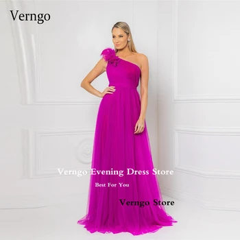 Verngo, Фиолетовые тюлевые Длинные платья для выпускного вечера с перьями на одно плечо, арабские Женские вечерние платья в пол, Большие размеры