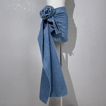 2023 Джинсовая минималистичная юбка нерегулярной формы для женщин, облегающая юбка с высокой талией в стиле пэчворк и цветочным принтом, Y2K, роскошный синий комплект для украшения талии