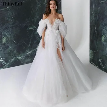 Тонкие Белые Свадебные платья с открытыми плечами, 3D Цветы, Трапециевидное платье Невесты для Свадьбы, Сексуальные платья для свадебной вечеринки с V-образным вырезом 2022