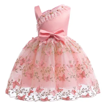 Розовое детское платье принцессы для девочек с цветочным узором, Кружевное платье с открытыми плечами для выпускного вечера с аппликацией в виде банта, изысканное платье для Рождественской вечеринки, Дня рождения