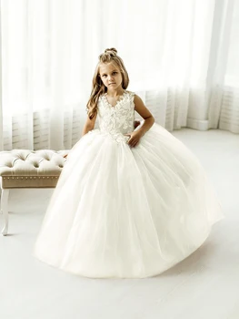 Милые платья с цветочным узором для девочек на свадьбу с аппликацией в виде большого банта, Длинные Нарядные платья для Первого причастия для девочек, платья для свадеб от 2 до 14 лет