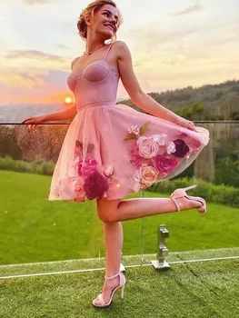 Розовое Трапециевидное платье без рукавов на тонких бретельках с цветами из Тюля для официальной вечеринки, Свадебное Вечернее платье, 2023 Новых мини-платья для выпускного вечера